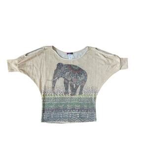 Y2K Lipstick Dolman Sleeve Top Womens M Beige-Green Gold Metallic Elephant Boho